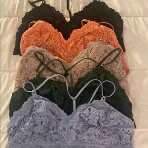 Aerie lace adjustable strap bras. Set of 5. Black, Orange, Green, Blue, Tan.